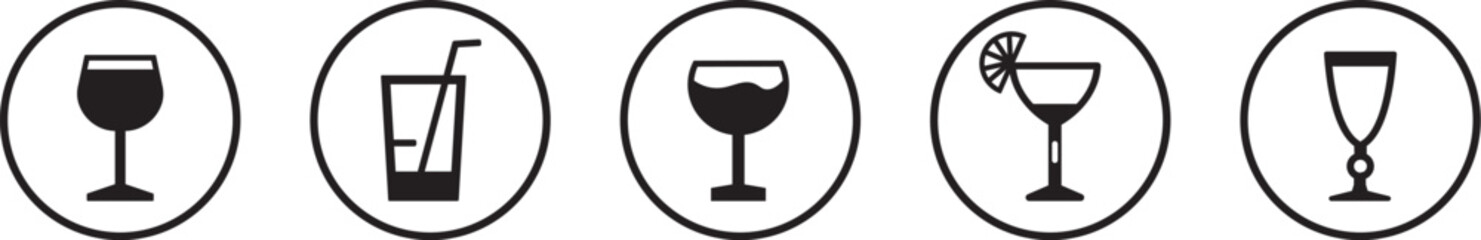  Set of five classic drinkware icons, each enclosed within its own circle. The collection includes a traditional wine glass, for wine, cocktail. - obrazy, fototapety, plakaty