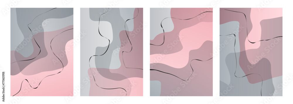 Poster Set of abstract backgrounds with various curved color shapes and black lines for creative graphic design. Vector illustration.