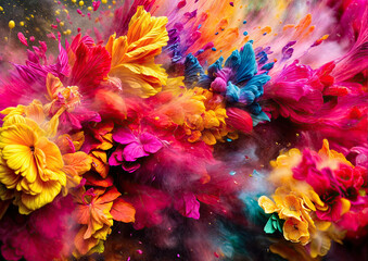 Colorful abstract background with flowers and paint splashes. Close up