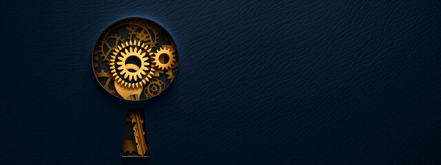 Golden Gears in Keyhole Design on Textured Blue Background - obrazy, fototapety, plakaty