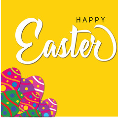 Happy Easter banner, poster, greeting card. Trendy Easter design with typography, bunnies, flowers, eggs, bunny ears, in pastel colors. Modern minimal style