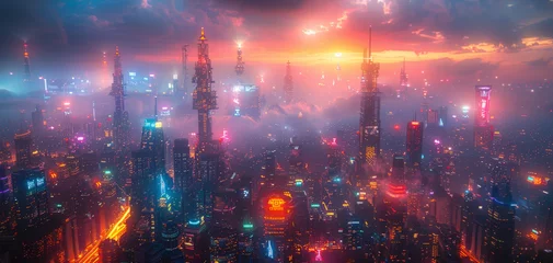 Poster City of a future against dramatic sunset sky with clouds. Huge Futuristic building with bright neon lights. Wallpaper in a style of cyberpunk. © Valeriy