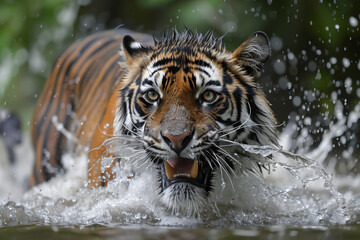 Fototapeta na wymiar Tiger in water, undomesticated cat, feline, bengal tiger, close-up