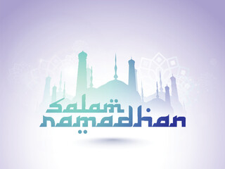 Fototapeta premium Shiny green mosque with stylish text Salam Ramadhan on floral design decorated sky blue background for Islamic holy month of prayers, Ramadan Kareem celebration.