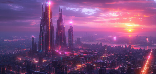 Fototapeta premium City of a future against dramatic sunset sky with clouds. Huge Futuristic building with bright neon lights. Wallpaper in a style of cyberpunk.