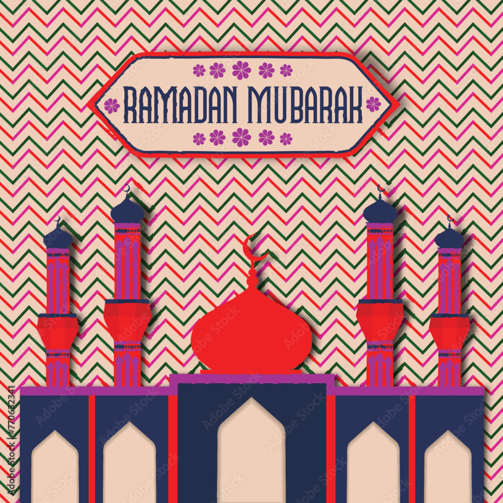 Poster beautiful shiny mosque on zigzag chevron pattern background for islamic holy month of prayers, ramad