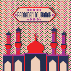 Beautiful shiny mosque on zigzag chevron pattern background for Islamic holy month of prayers, Ramadan Mubarak celebration.
