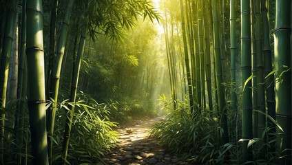 A photo of a bamboo forest with a path in the middle

 - obrazy, fototapety, plakaty