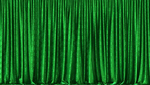 Realistic 3D animation of the luxurious textured green curtain with embossed fancy ornament rendered in UHD with alpha matte