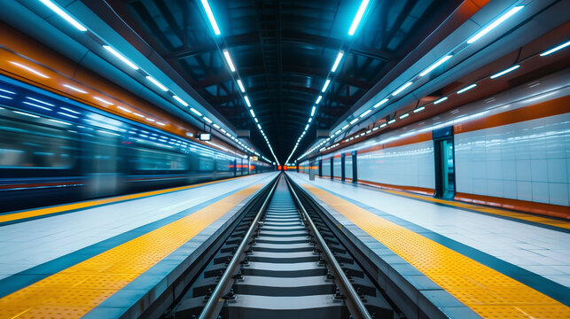 Subway train at night, architecture, blurred motion, futuristic, vanishing point