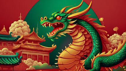 Red green gold chinese dragon on red green background with houses