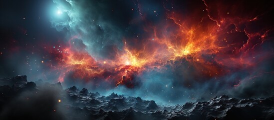 dramatic cosmic scene with nebulae, stars, and rocky terrain, evoking space exploration and the universe