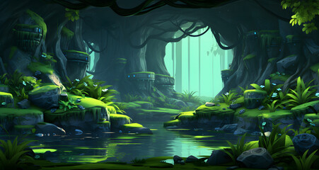 this is an animated illustration of a forest scene