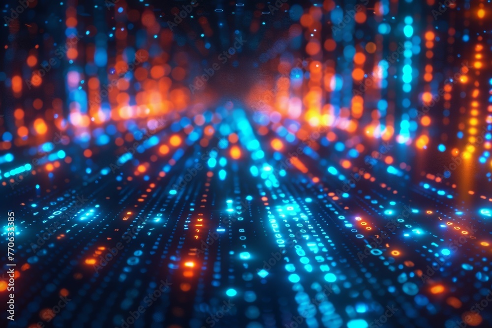 Wall mural an intriguing design featuring digital streams, binary coding, glitch visuals, and deep neon hues. i