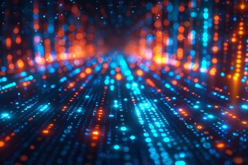 An intriguing design featuring digital streams, binary coding, glitch visuals, and deep neon hues. Ideal for a futuristic business website backdrop. AI-generated artwork.