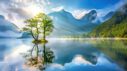 Serene lake with a solitary tree, reflecting mountains and sky at sunrise.
