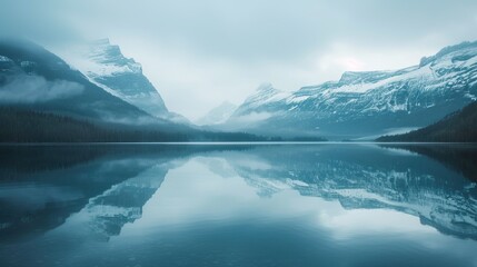 Serene mountain lake with reflections and misty peaks in a tranquil, blue-toned landscape.