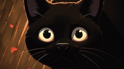 An enchanting 2D animation of a black cat characterized by its mesmerizingly large eyes, displaying realistic blinking movements and occasional subtle mouth openings, creating a delightful view. - obrazy, fototapety, plakaty