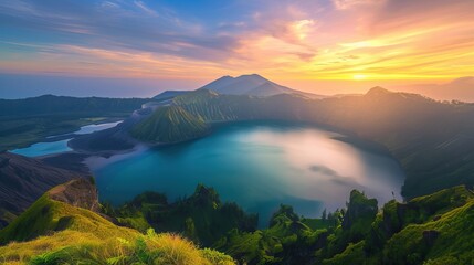 Breathtaking sunrise over a serene mountain lake with vibrant colors and lush greenery.