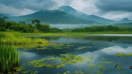Serene lake with lily pads, lush greenery, and misty mountains in the background.