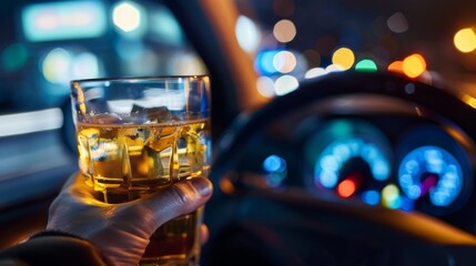 A man holds a glass of alcohol in his hand. Drinking beer while driving a car.