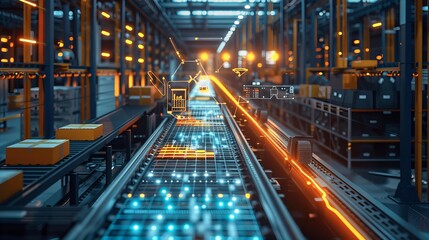 Fototapeta na wymiar Futuristic conveyor belt system in a modern industrial facility with digital indicators.