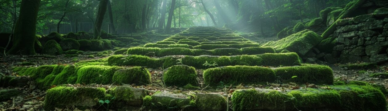 The archaeological site was blanketed in velvety emerald ferns, creating a serene and enchanting atmosphere.