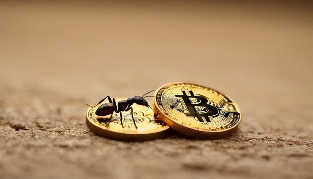 A conceptual image featuring an ant navigating over two golden bitcoins, symbolizing the small-scale individual navigation of the vast cryptocurrency market.