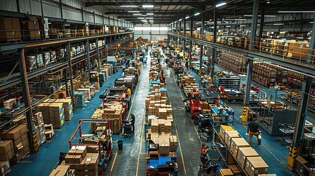 Busy warehouse with workers and forklifts moving boxes in aisles between tall shelves