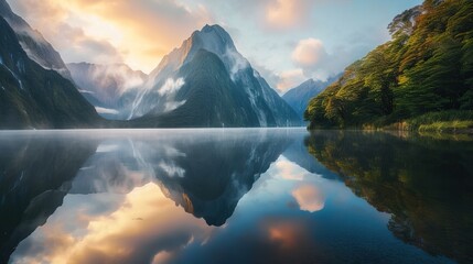 Majestic mountain landscape with serene lake reflection at sunrise.