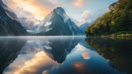 Tuinposter Majestic mountain landscape with serene lake reflection at sunrise. © Mosphotobox