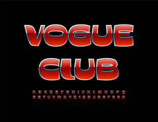 Vector trendy Emblem Vogue. Club. Elegant Red Font. Modern Alphabet Letters and Numbers