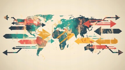 World map with colorful arrows and vintage design on beige background. - obrazy, fototapety, plakaty