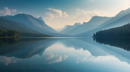 Serene mountain lake at dawn with reflections and misty peaks.