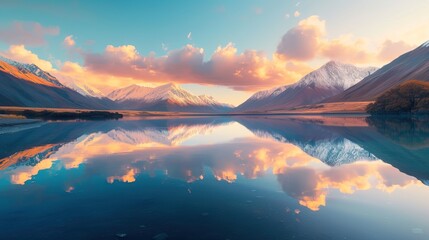 Serene lake at sunrise with reflections of surrounding mountains and colorful sky.
