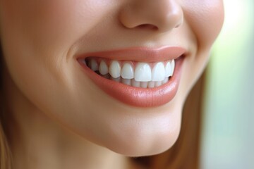 Obraz premium Close-up of a smiling woman showcasing her brilliant white teeth after a dental procedure