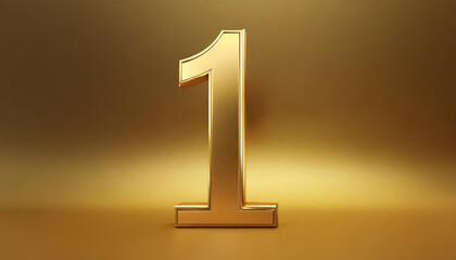 Golden number 1 on golden background with gradient and copy space. 3D rendering.