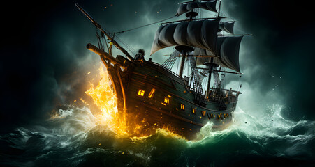 the old ship is on fire as it sails across the ocean - obrazy, fototapety, plakaty