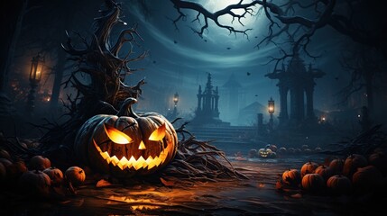 Halloween background with scary pumpkins. - obrazy, fototapety, plakaty
