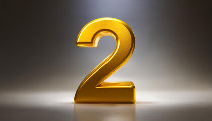 Golden number 2 on gray background with gradient and copy space. 3D rendering.