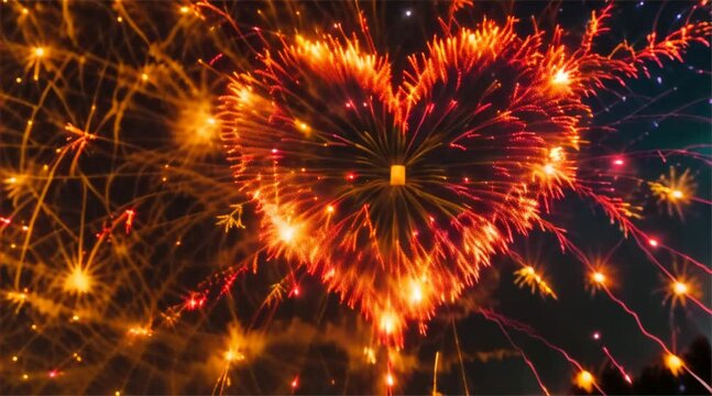 Vivid orange fireworks burst with sparks against the dark evening sky, creating a festive atmosphere.
