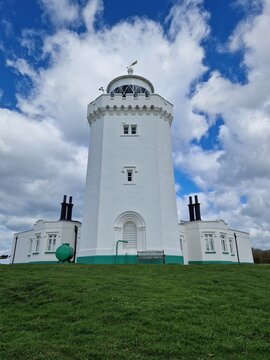 Victorian white South Foreland lighthouse on white cliffs of Dover, Kent, UK