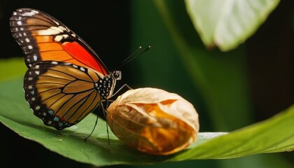 A vibrant monarch butterfly poised elegantly on a green leaf, with a chrysalis nearby, symbolizing transformation and growth