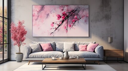 A living room with a large pink and white framed painting of a cherry blossom tree