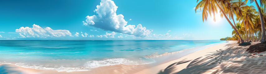 Beautiful tropical beach with white sand and palm trees and the bright sun in the blue sky. Panoramic view. Banner.