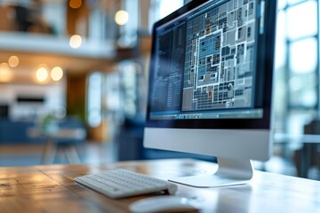 Detailed image of a computer monitor showing a close-up view of a  architectural model, focusing on intricate design elements