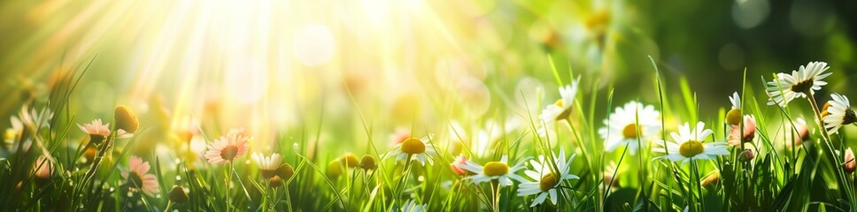 Meadow with daisies and wildflowers in a green grass field, a nature background. Warm sunset sunshine. Banner.