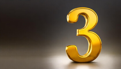 Golden number 3 on abstract background with copy space. 3D rendering.