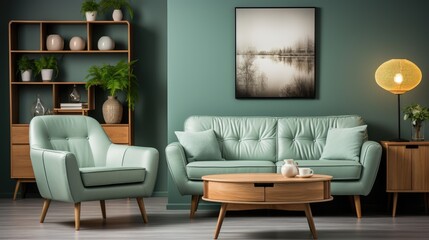 A living room with a green couch and a chair. The couch is on the right side of the room and the chair is on the left side. There is a coffee table in the middle of the room