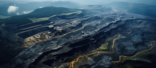 Coal mining in the mountains. Aerial view of coal mine.